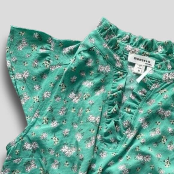MONTEAU COTTEGECORE HIPPIE BOHO FLORAL FRILL CAP SLEEVE BLOUSE GREEN MEDIUM - Picture 6 of 8